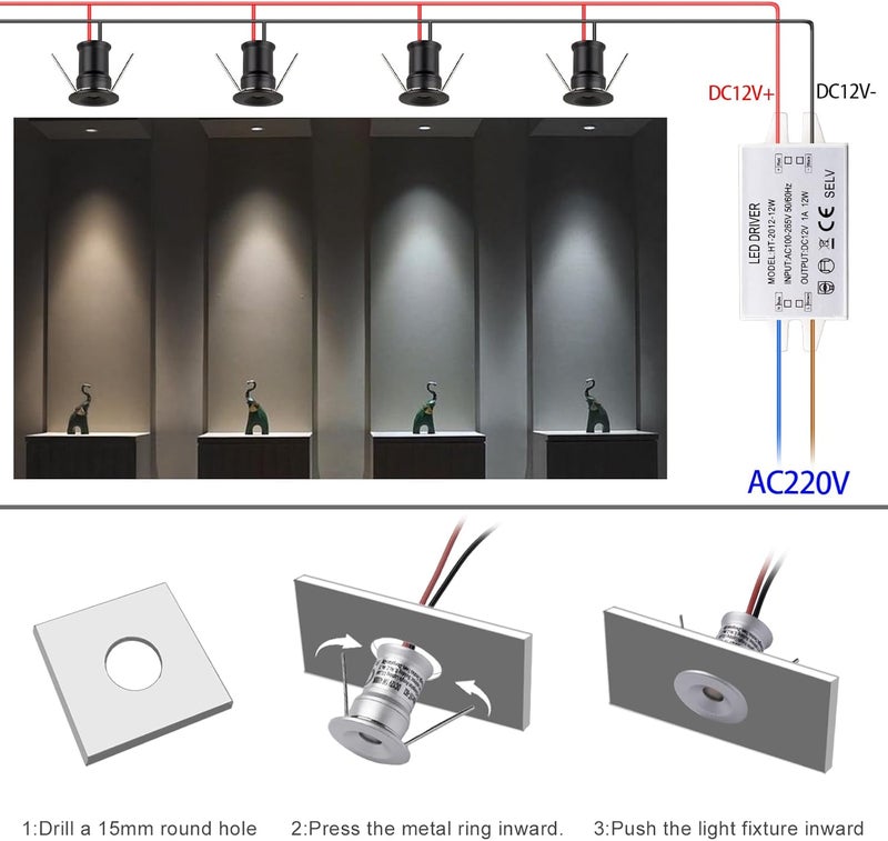 HHTUN 902 120°LED mini Spotlight,DC12V 1W,80Ra,75lm,Small Size,Embedded Installation,Suitable for Cabinet Lighting Such as Wine cabinets,Shoe cabinets,etc.,with Power Supply(3000K,White,9Pack) - Image 4